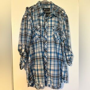 Buckle Black Label Long Sleeve Pearl Snap Shirt Mens XXL Athletic Fit Blue Plaid